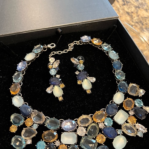 Graziano CN Blue Multi Stone Faceted Rhinestones Statement Necklace Earring Set - Picture 2 of 4
